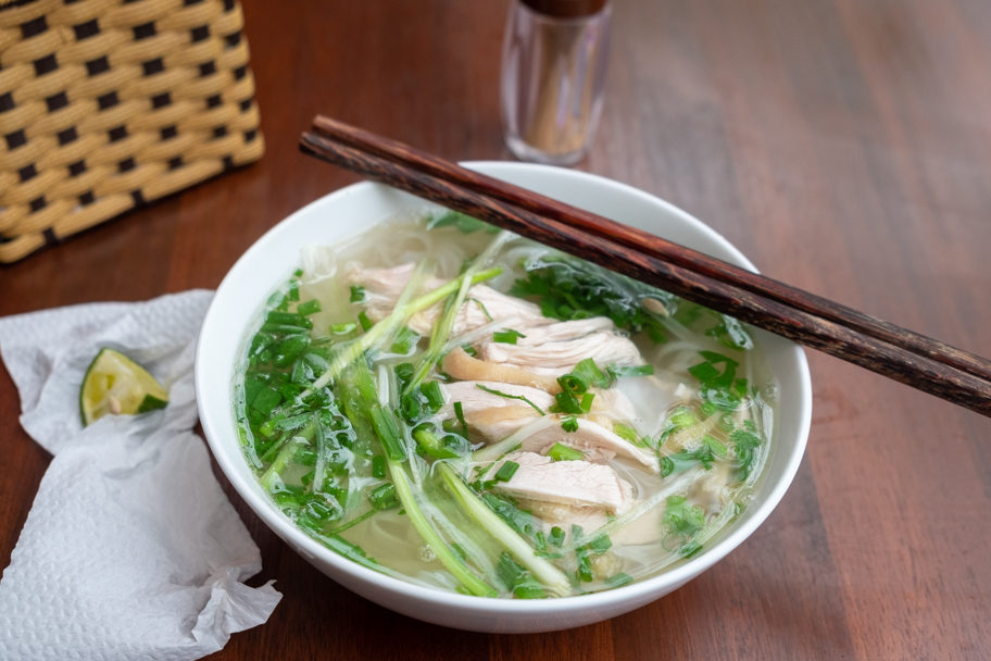 A full bowl of chicken pho in Hanoi, Vietnam. Photo by Barbara Cameron Pix, Food & Travel Photographer